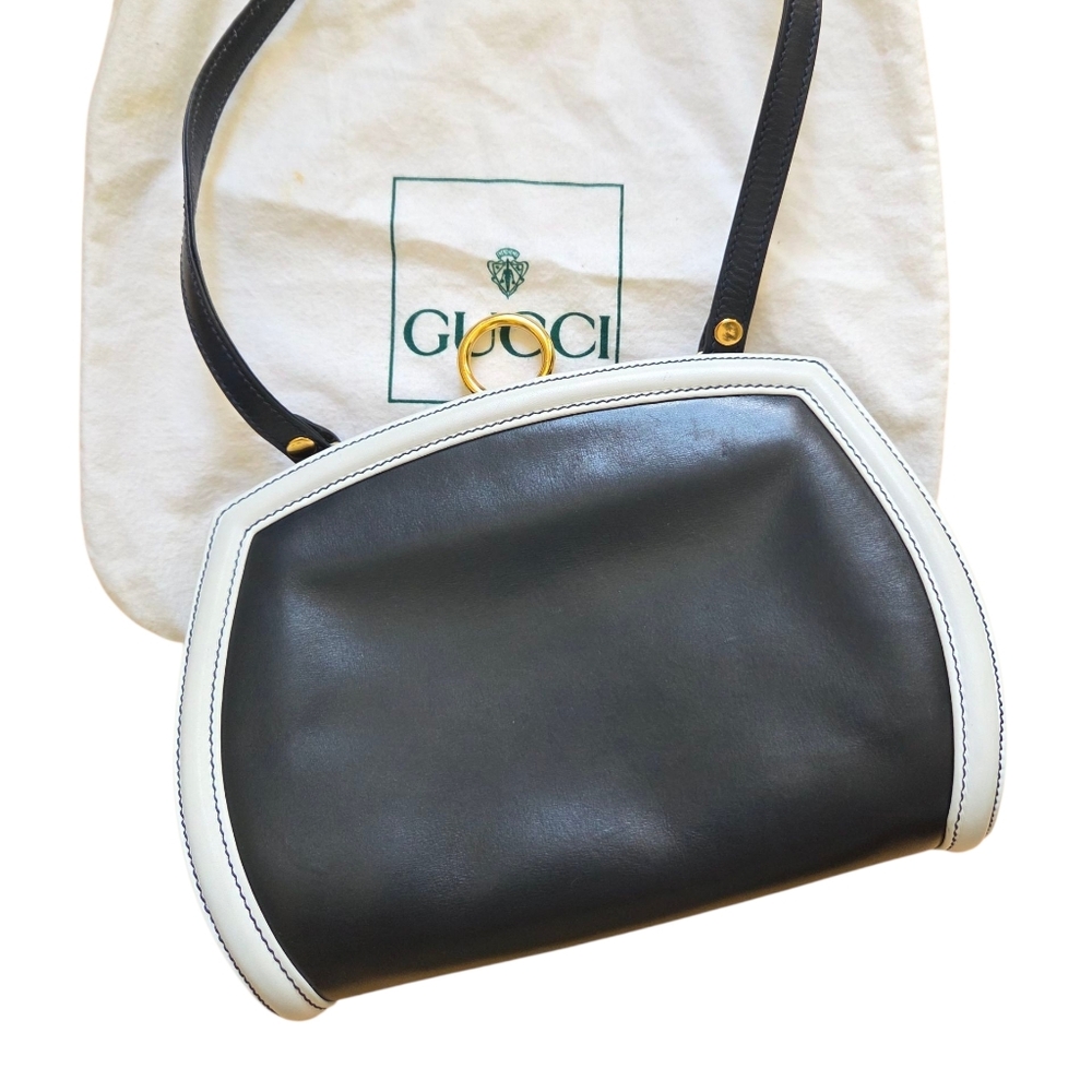 Vintage Gucci Navy Blue Leather Shoulder Crossbody Bag White Trim 1970s 1980s